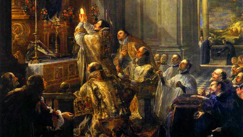 Vintage painting of the Traditional Latin Mass, the Mass of the Saints.